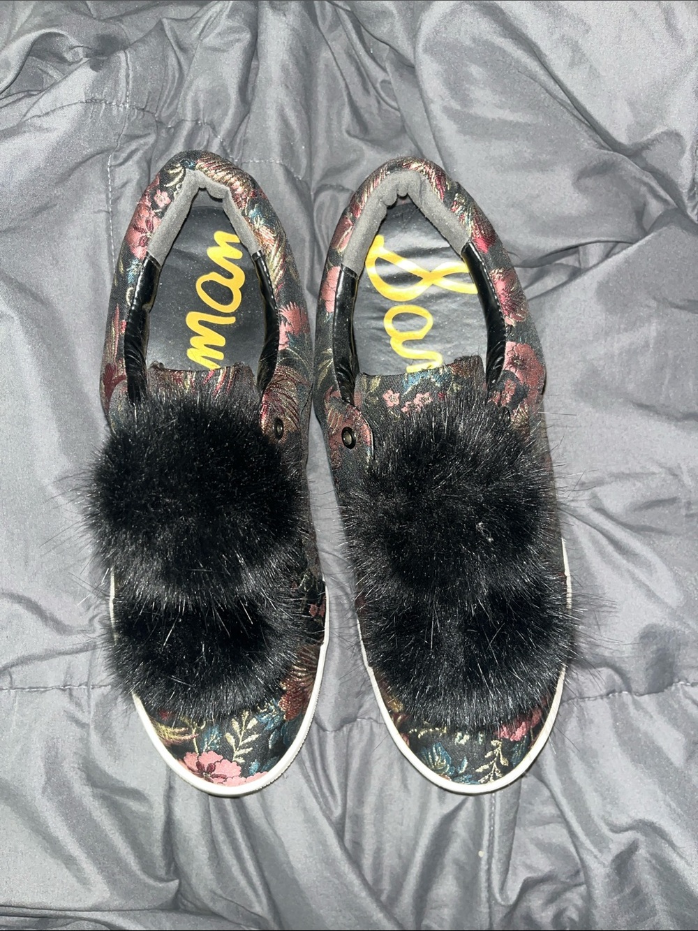 Sam Edelman Floral Slip-On Sneakers with Black Fur Pom
